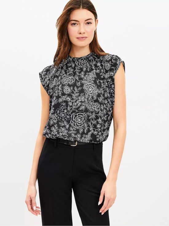 LOFT Tops - LOFT Petite Etched Floral Ruffle Neck Bubble Hem Black White Cap-Sleeve Blouse